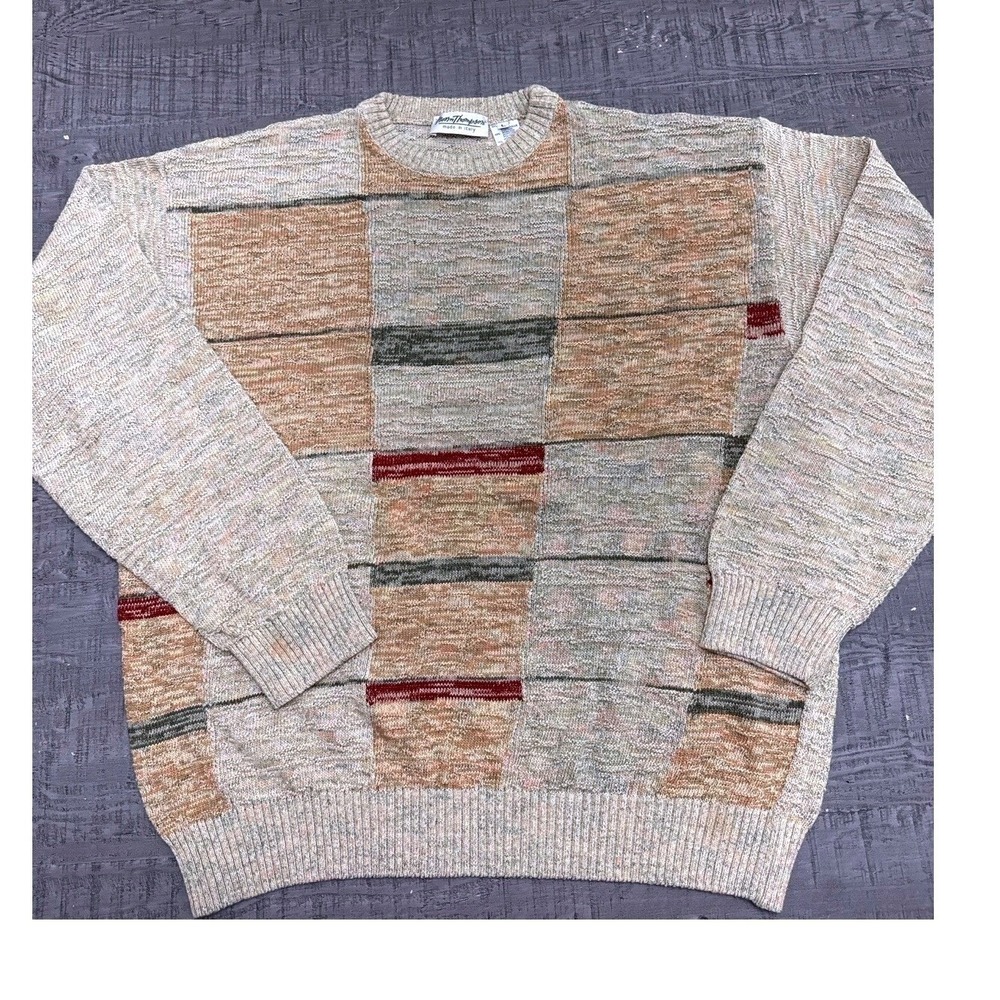 Vintage Norm Thompson Patchwork Knit Sweater Mens L Made‎ in Italy Cotton Blend